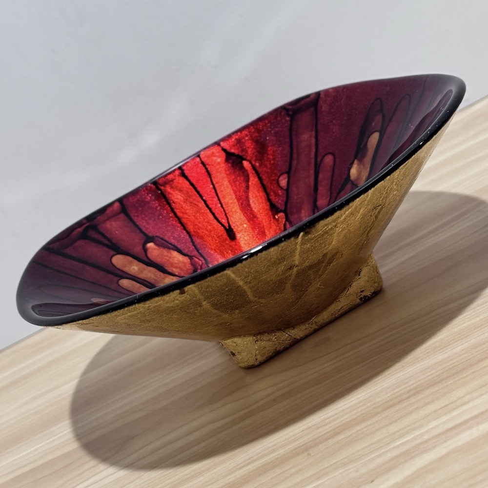 VTG Bowl Red Gold Black Enamel On Glass Underside Gold Foil Paint Italy Pier 1